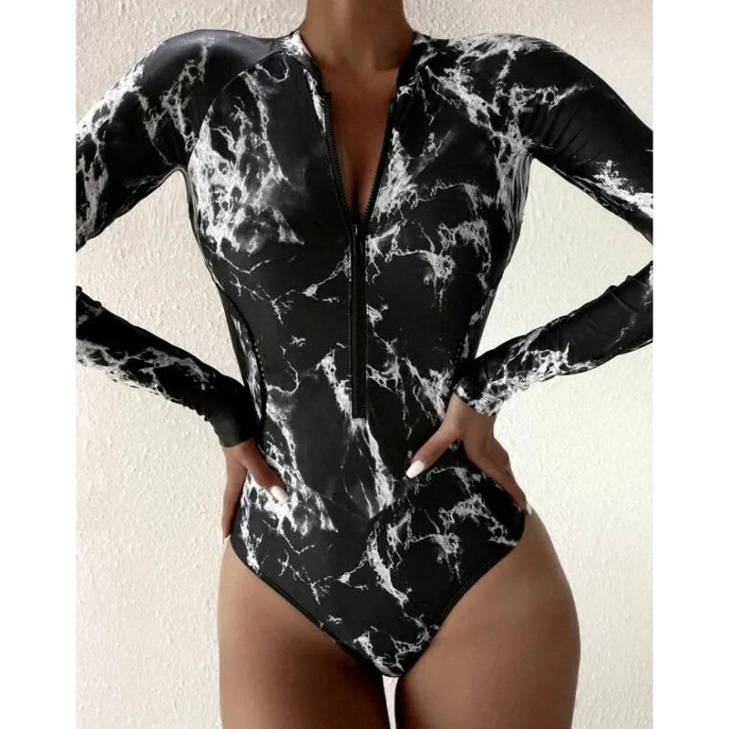 Women’s Summer One-Piece Swimsuit – Long Sleeve Zipper Swimwear for Surf & Beach