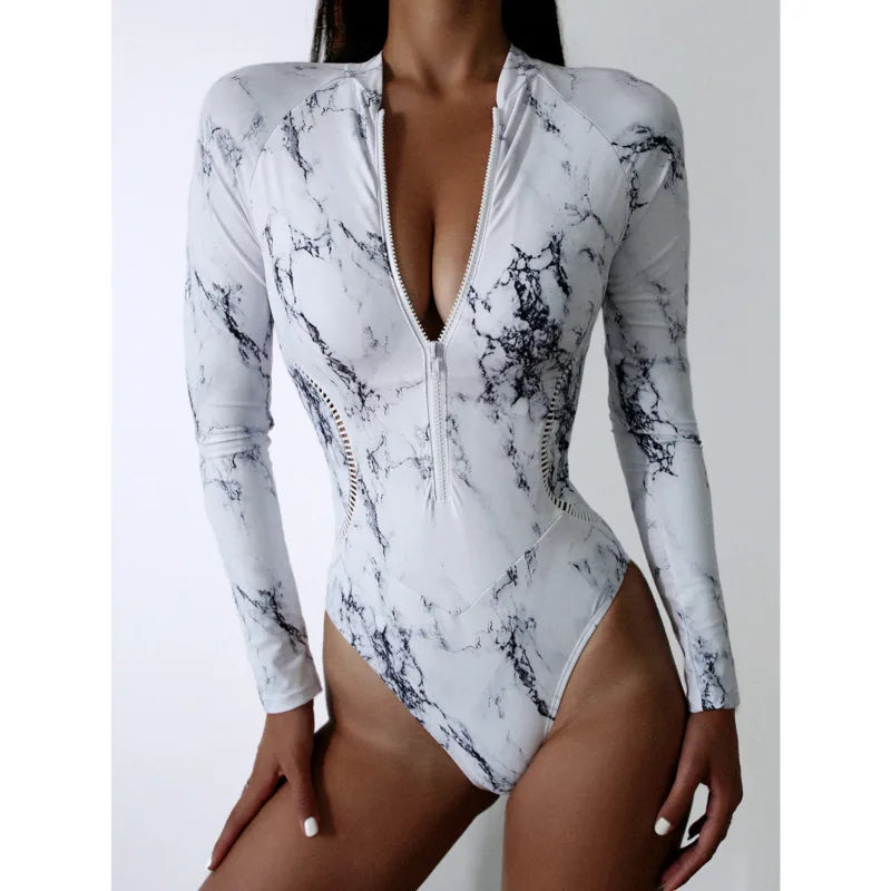 Women’s Summer One-Piece Swimsuit – Long Sleeve Zipper Swimwear for Surf & Beach