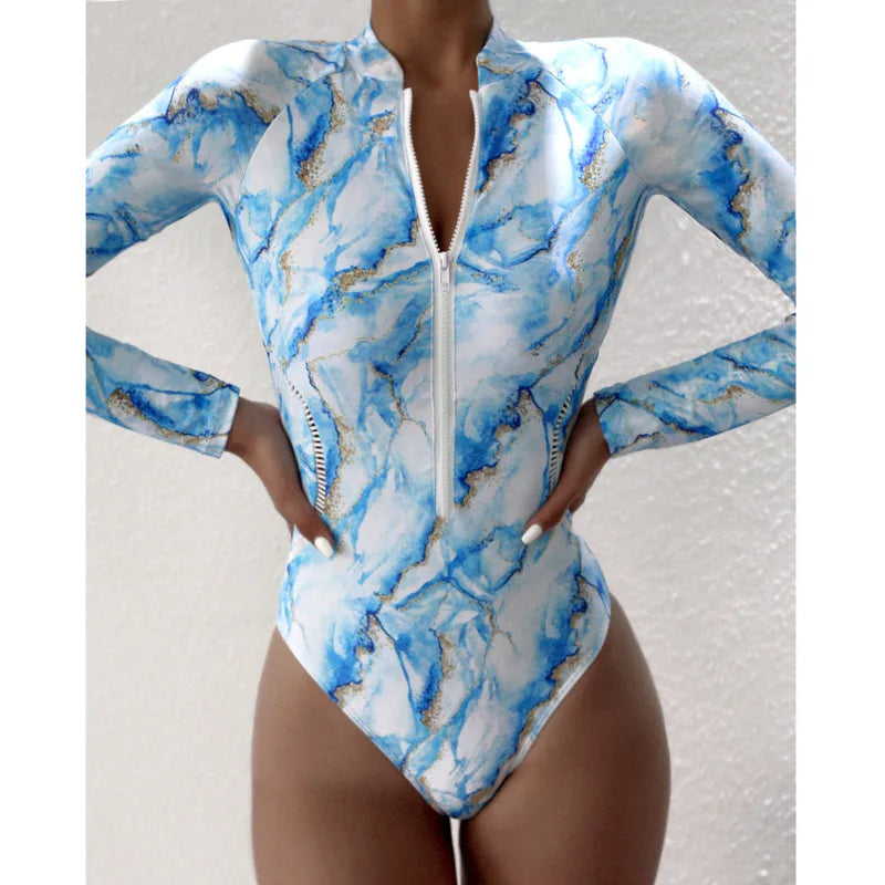 Women’s Summer One-Piece Swimsuit – Long Sleeve Zipper Swimwear for Surf & Beach