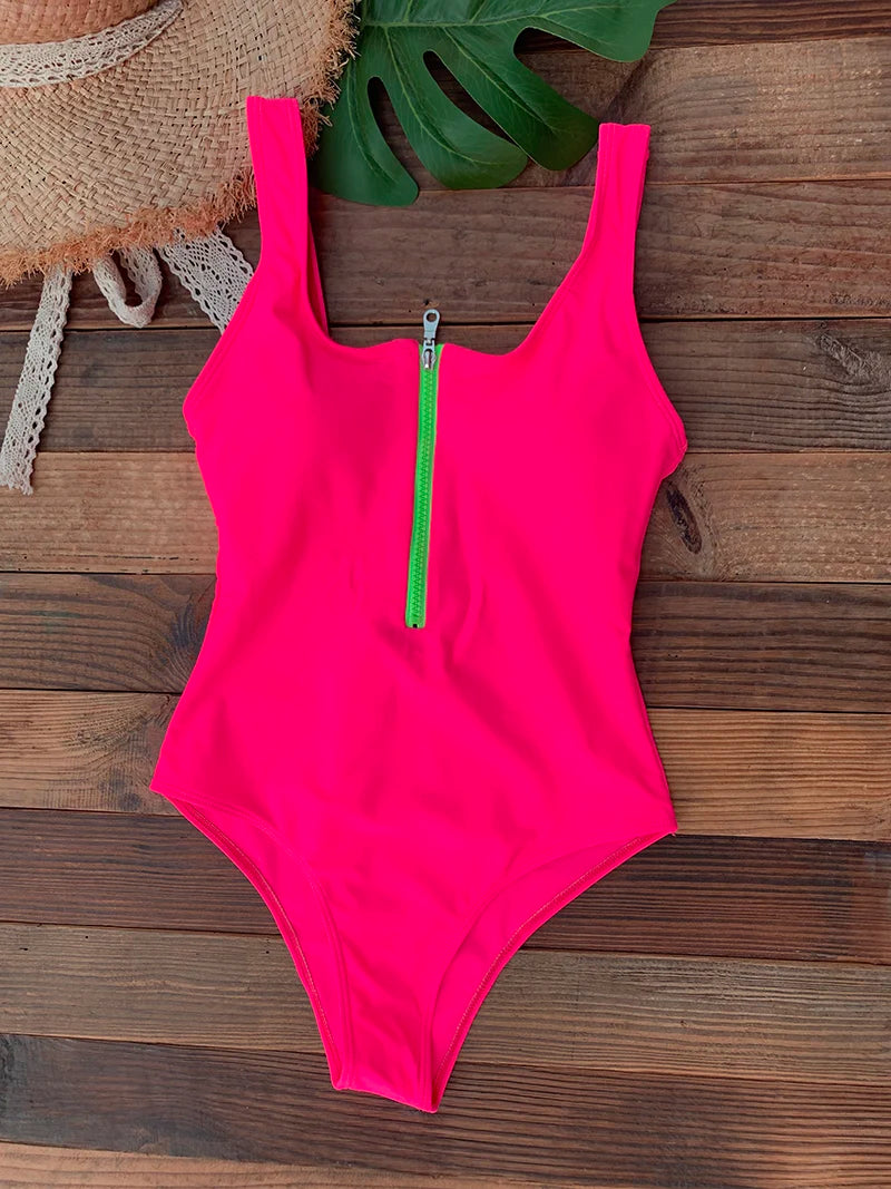Women’s Front-Zip One-Piece Swimsuit – Backless Monokini, Summer Beachwear