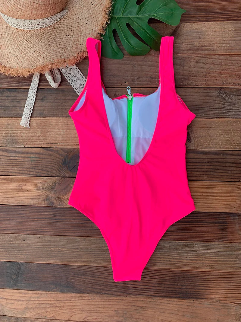 Women’s Front-Zip One-Piece Swimsuit – Backless Monokini, Summer Beachwear