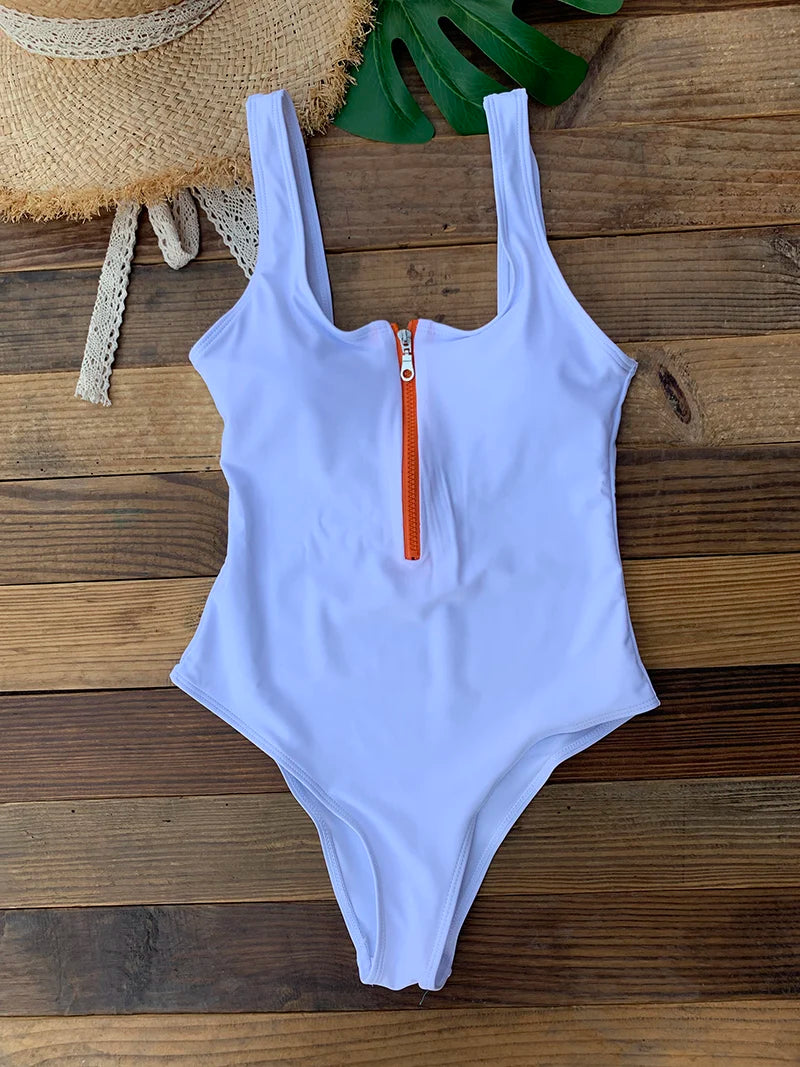 Women’s Front-Zip One-Piece Swimsuit – Backless Monokini, Summer Beachwear