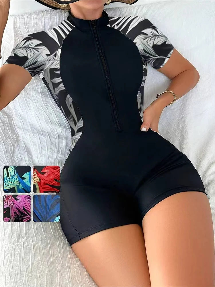 Women’s One-Piece Floral Swimsuit – Short Sleeve, Front Zip, Tropical Surf & Sun Protection