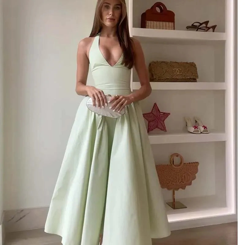 YENKYE Sexy Backless Halter Dress – Low Waist A-Line Midi, Summer Party Cotton Dress