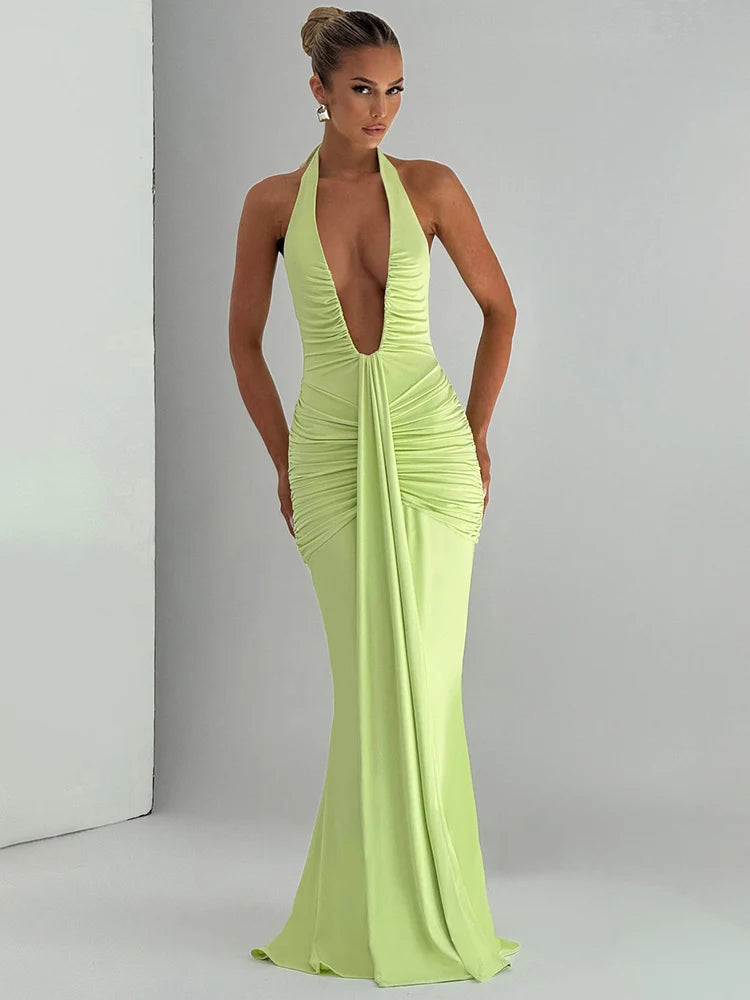 Sexy Deep V Maxi Dress – Halter Backless Party Dress for Women
