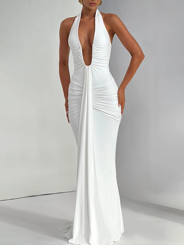 Sexy Deep V Maxi Dress – Halter Backless Party Dress for Women