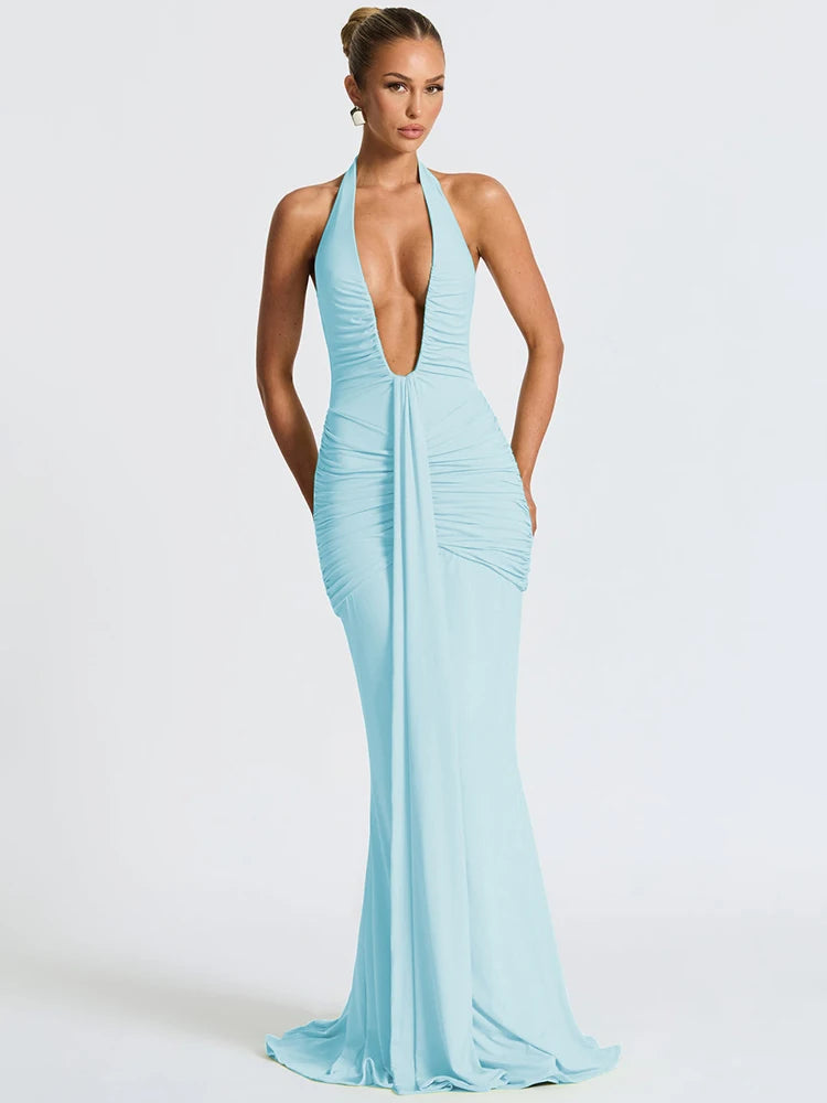 Sexy Deep V Maxi Dress – Halter Backless Party Dress for Women